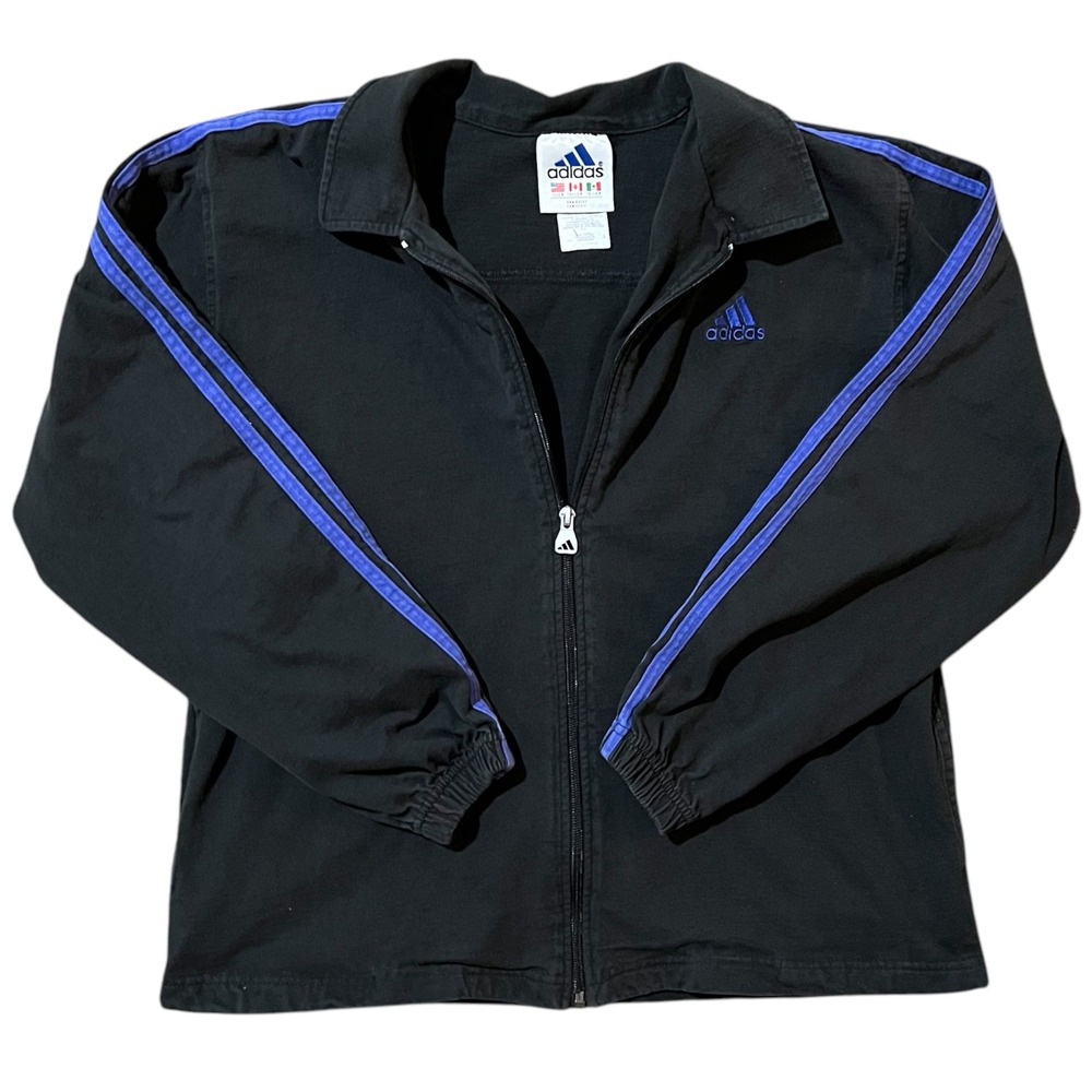 Adidas Track‎ Jacket Full Zip 3 Stripe Black Blue Mens Small